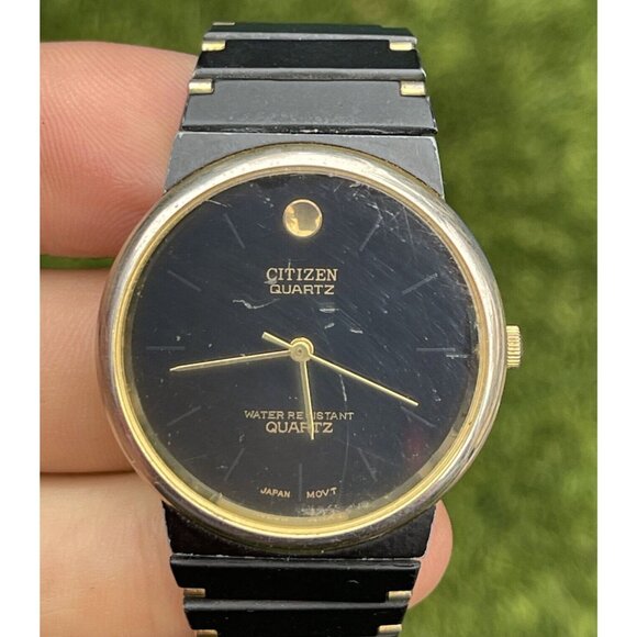 Citizen Quartz Watch 7431-7010 Japan Black Gold Dead Battery Repair Clasp - Picture 1 of 7